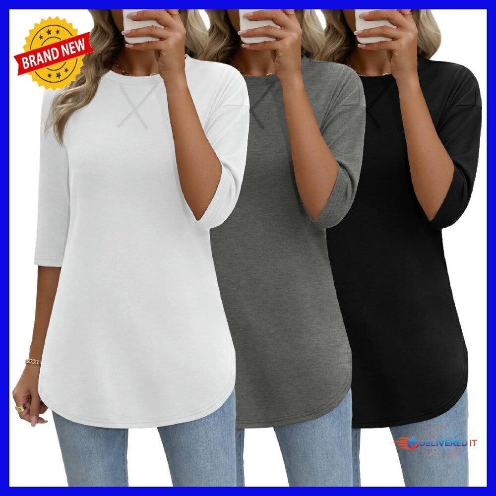 3 Pack Women's 3/4 Sleeve Tunic Tops Drop Shoulder Soft Stretch Blouses